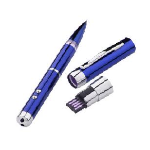 USB-флеш-карта с ручкой, фонариком и лазерной указкой, синяя, 8 Гб